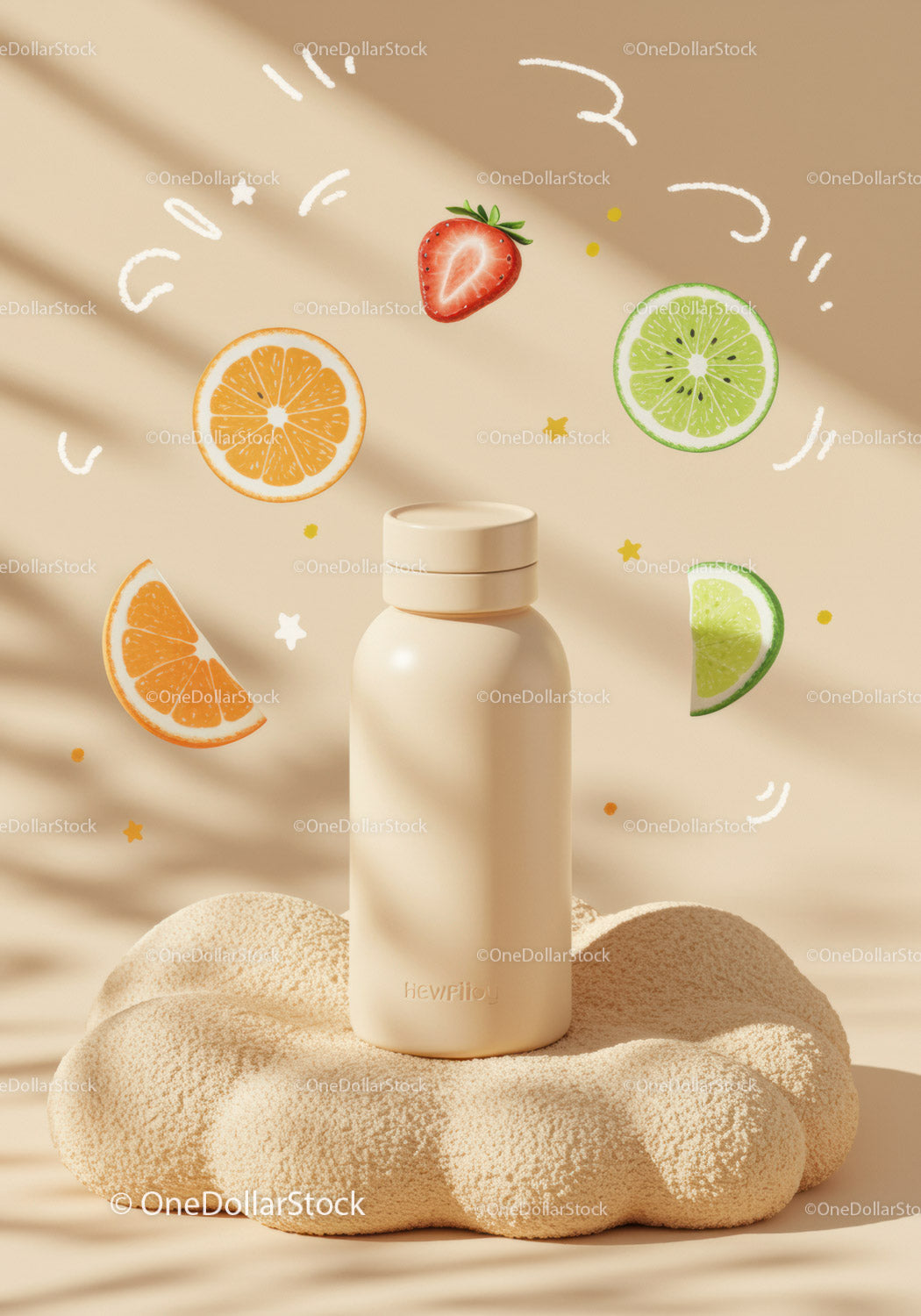 Minimalist beige bottle with fresh fruit illustrations
