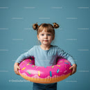 Little girl with colorful donut pool float on blue background