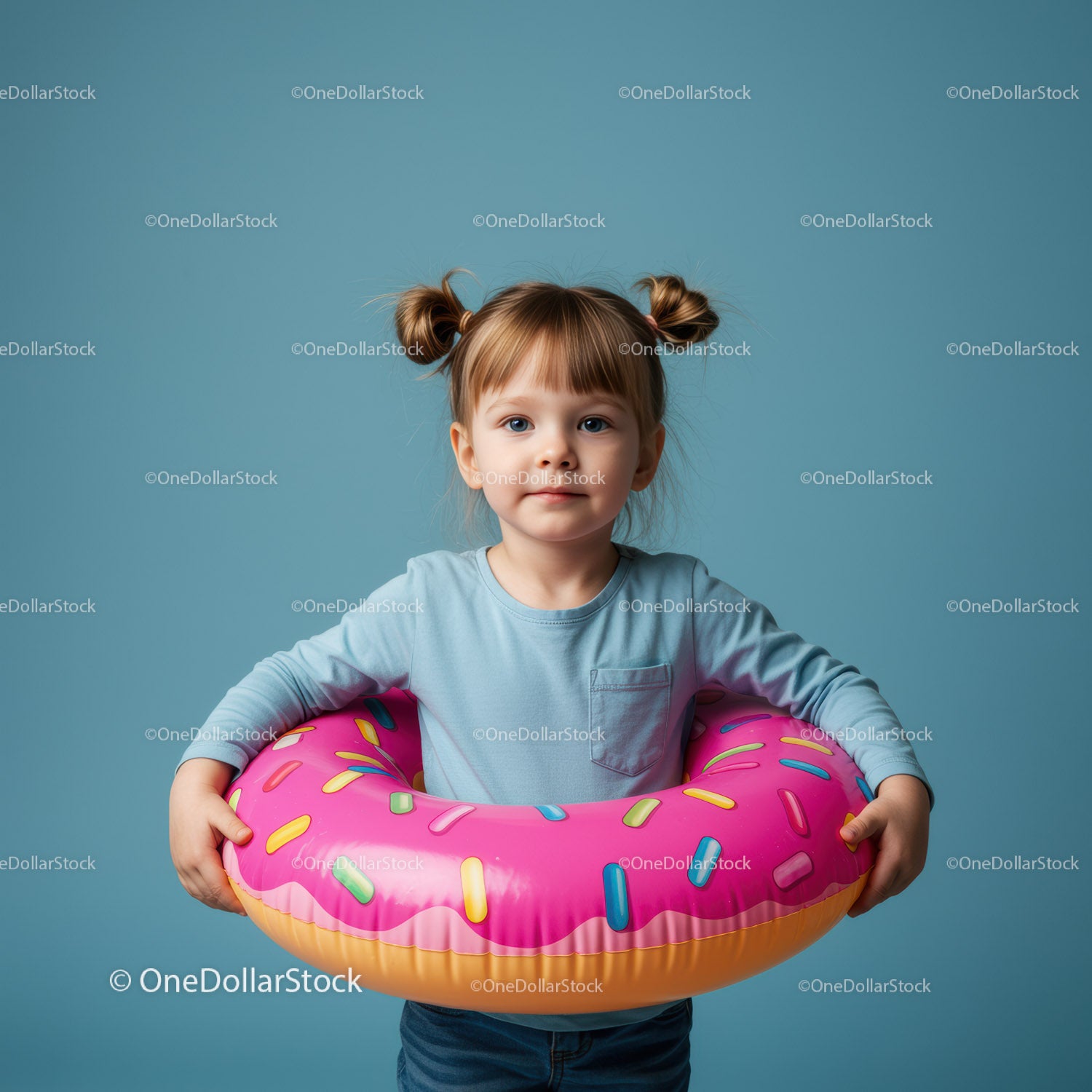 Little girl with colorful donut pool float on blue background