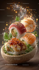 Exquisite Sushi Display with Colorful Rolls and Fresh Ingredients