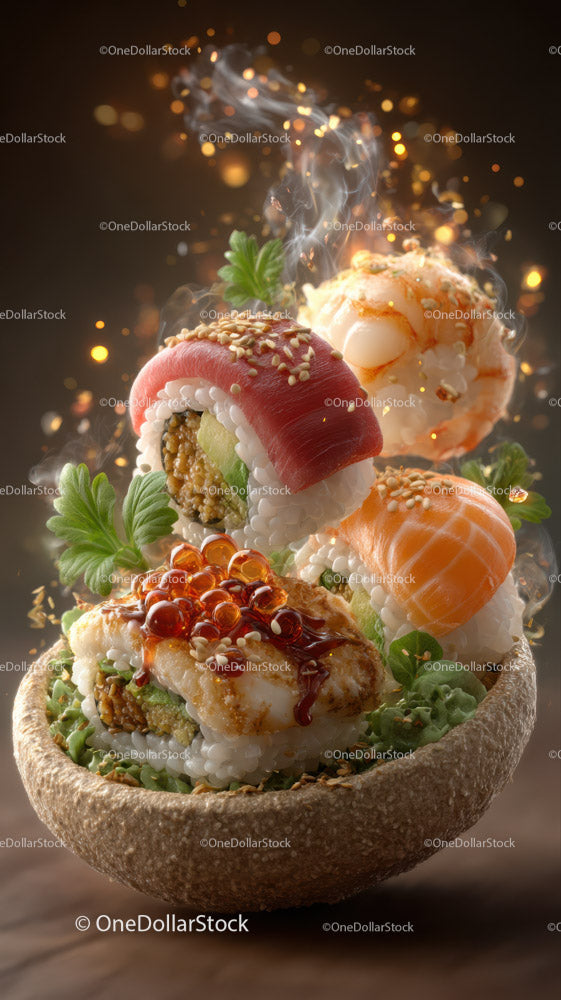 Exquisite Sushi Display with Colorful Rolls and Fresh Ingredients