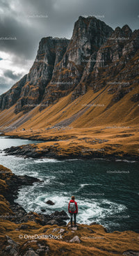 Majestic Mountain Cliffs Overlooking River with Traveler in Nature