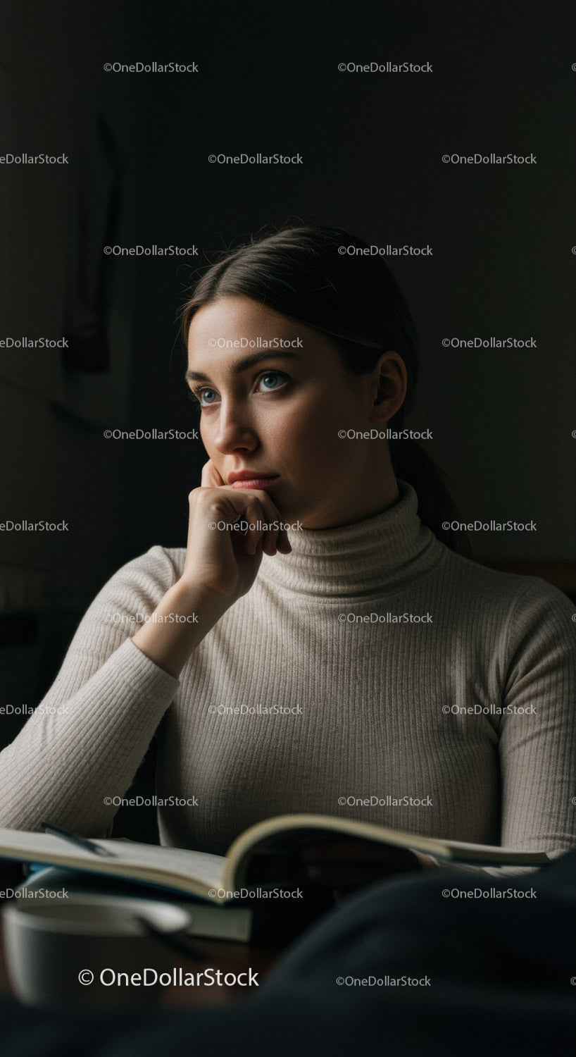 Contemplative Woman in Beige Turtleneck Reflecting at Desk
