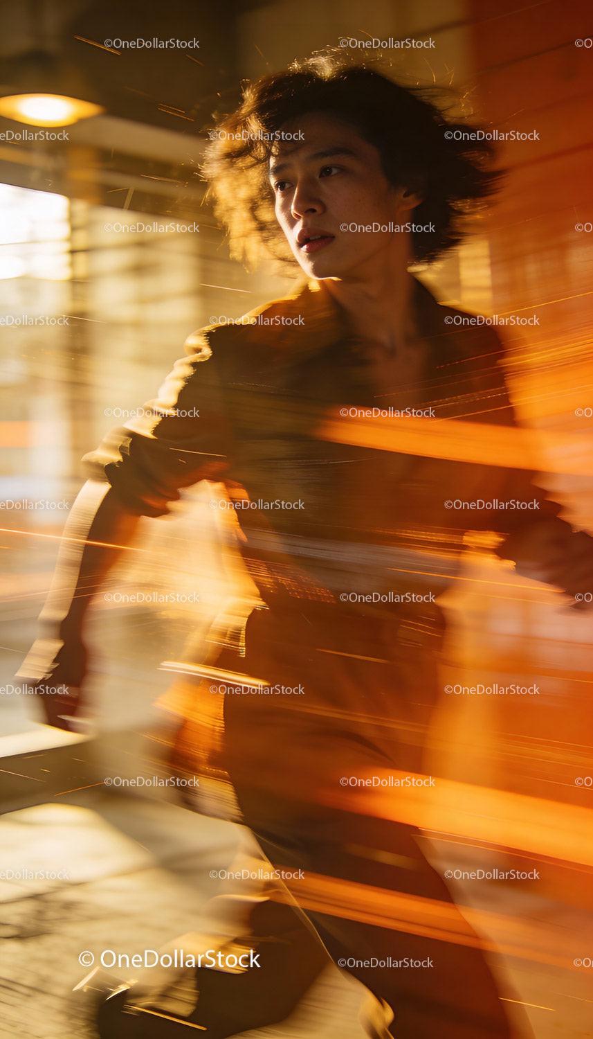 Young man moving swiftly in warm glowing light
