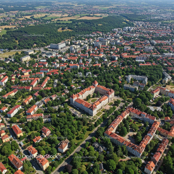 Aerial View of Historic Castle and Cityscape with Red Rooftops and Greenery