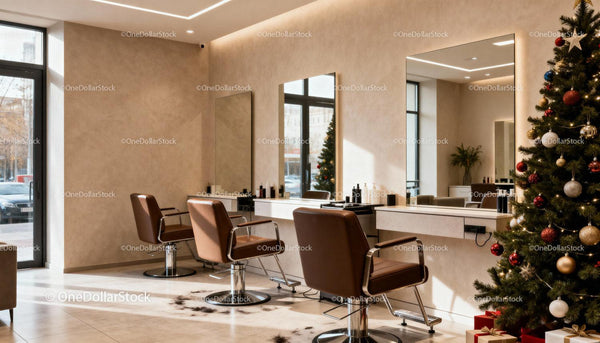 Modern hair salon interior decorated for Christmas