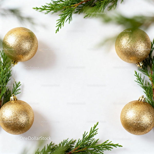 Golden Christmas Ornaments with Green Pine Branches Frame