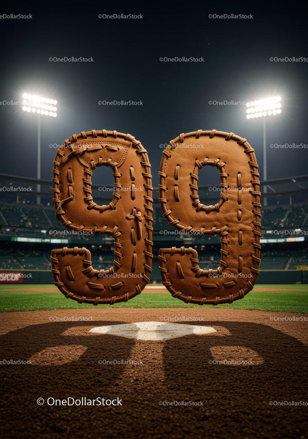 Numer 99 o tematyce baseballowej na oświetlonym stadionie