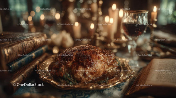 Luxurious Roast Beef on Ornate Silver Platter in Elegant Setting