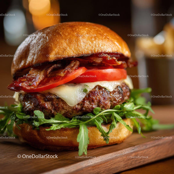 Close-up of Juicy Cheeseburger with Bacon and Fresh Vegetables