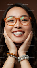 Joyful young woman smiling with stylish glasses and bracelets