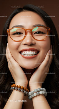Joyful young woman smiling with stylish glasses and bracelets