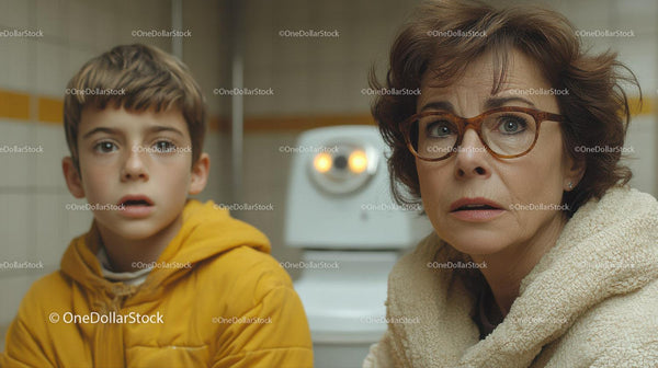 Worried Woman And Young Boy In Kitchen