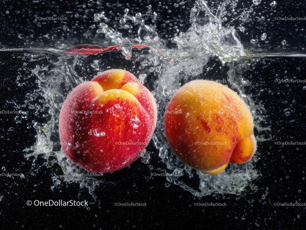 Fresh Peaches and Apple Splashing into Water in Vibrant Close-Up