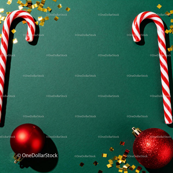 Festive Christmas candy canes and red ornaments on green