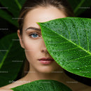 Striking Woman Peeking Through Tropical Green Leaves with Water Droplets