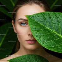 Striking Woman Peeking Through Tropical Green Leaves with Water Droplets