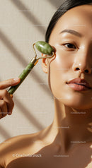 Asian Woman Using Jade Roller for Facial Massage and Skincare