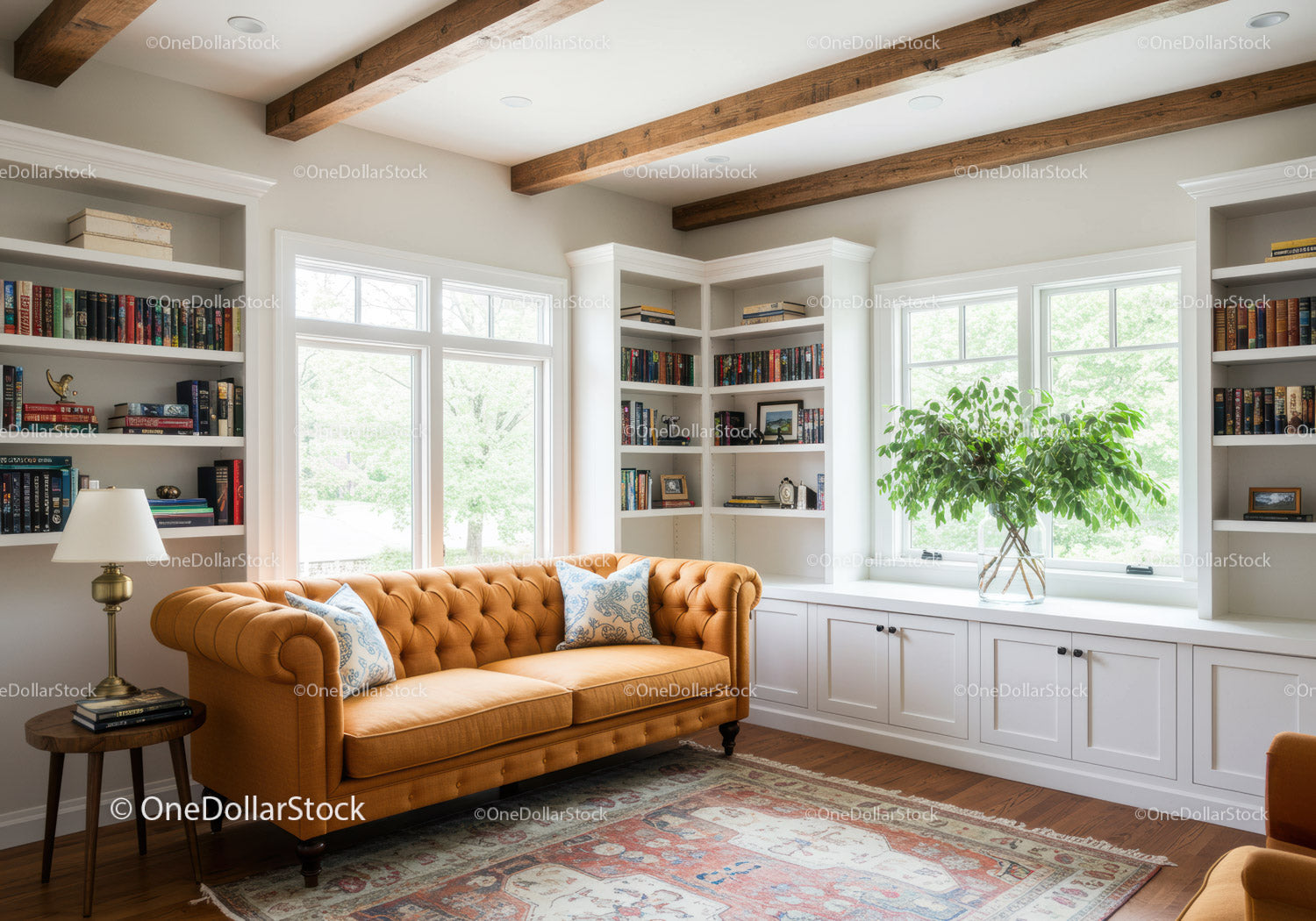 Bright living room with mustard sofa and built-in shelves