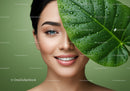 Young Woman with Fresh Skin and Tropical Leaf in Natural Setting