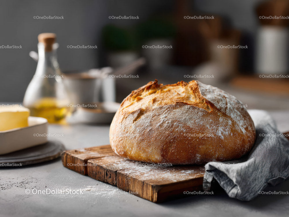 Rustic Artisan Bread on Wooden Table with Kitchen Background