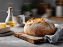 Rustic Artisan Bread on Wooden Table with Kitchen Background