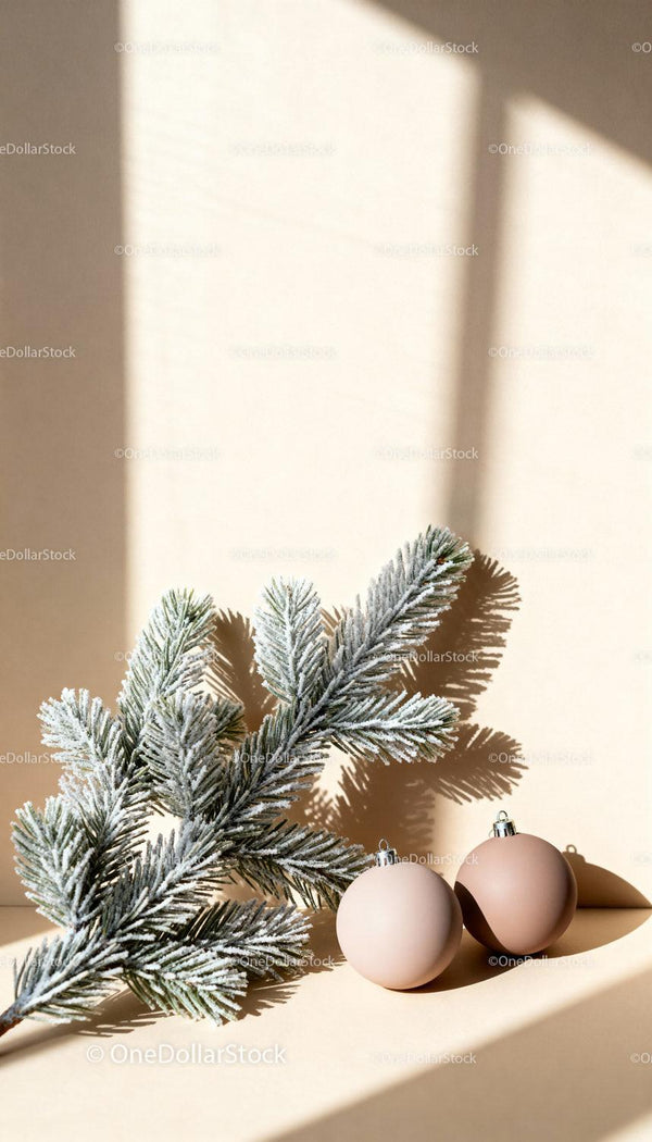 Frosted pine branch with minimalistic Christmas baubles