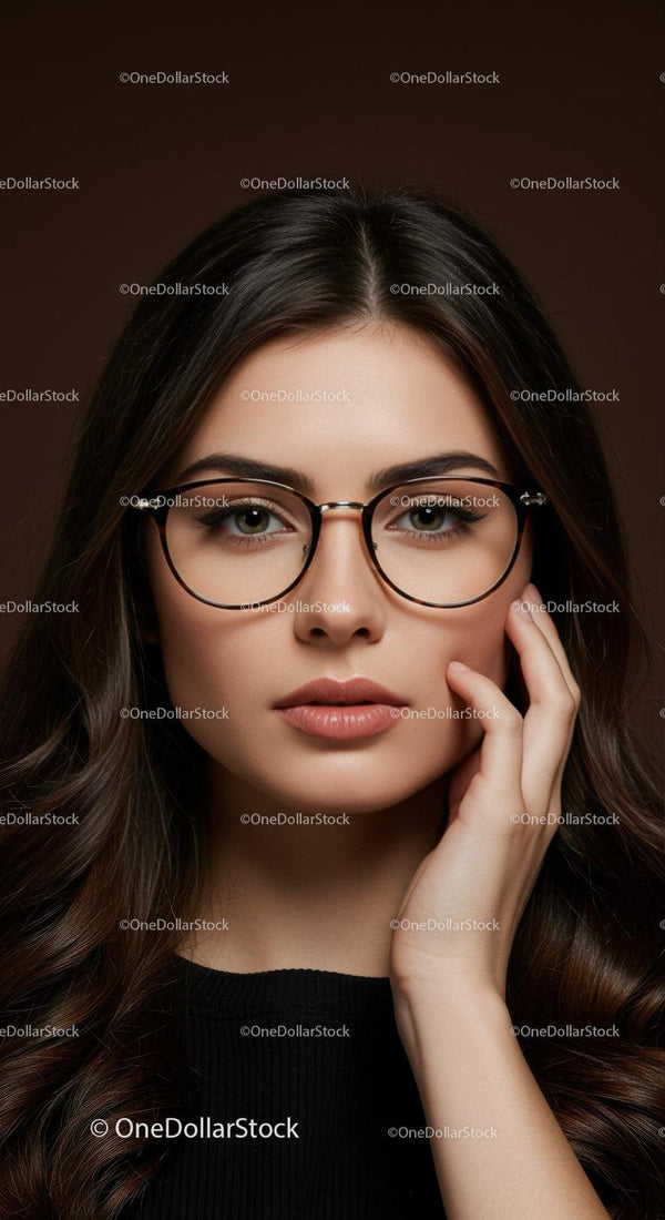 Stunning Woman Wearing Glasses with Elegant Makeup and Long Hair