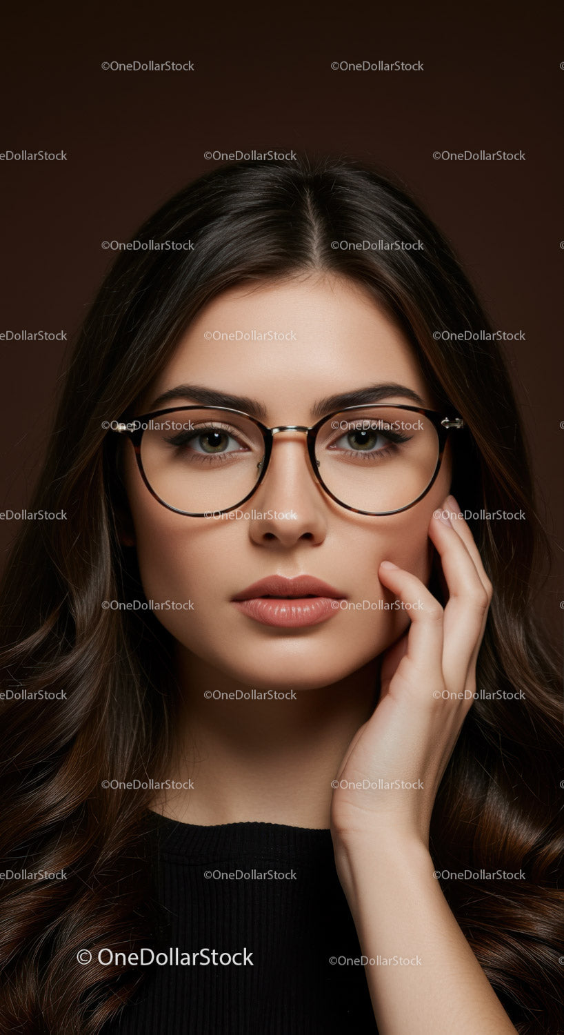 Stunning Woman Wearing Glasses with Elegant Makeup and Long Hair