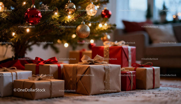 Christmas Gifts Arranged Under Festive Tree Lights
