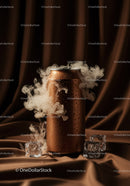 Chilled brown can surrounded by vapor and ice cubes