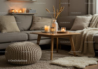 Cozy living room with warm candlelight and knitted decor