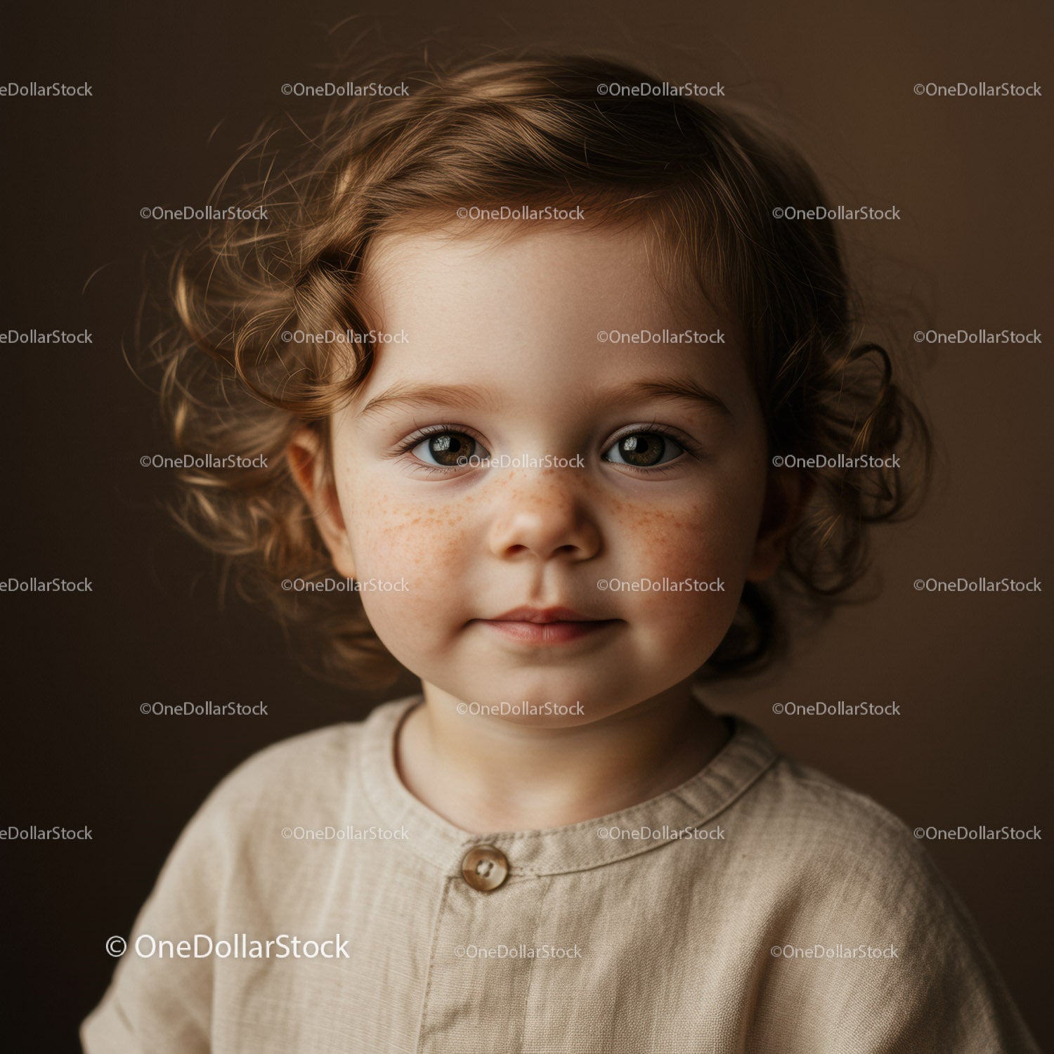 Curly toddler with freckles in neutral outfit portrait