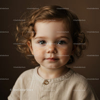 Curly toddler with freckles in neutral outfit portrait