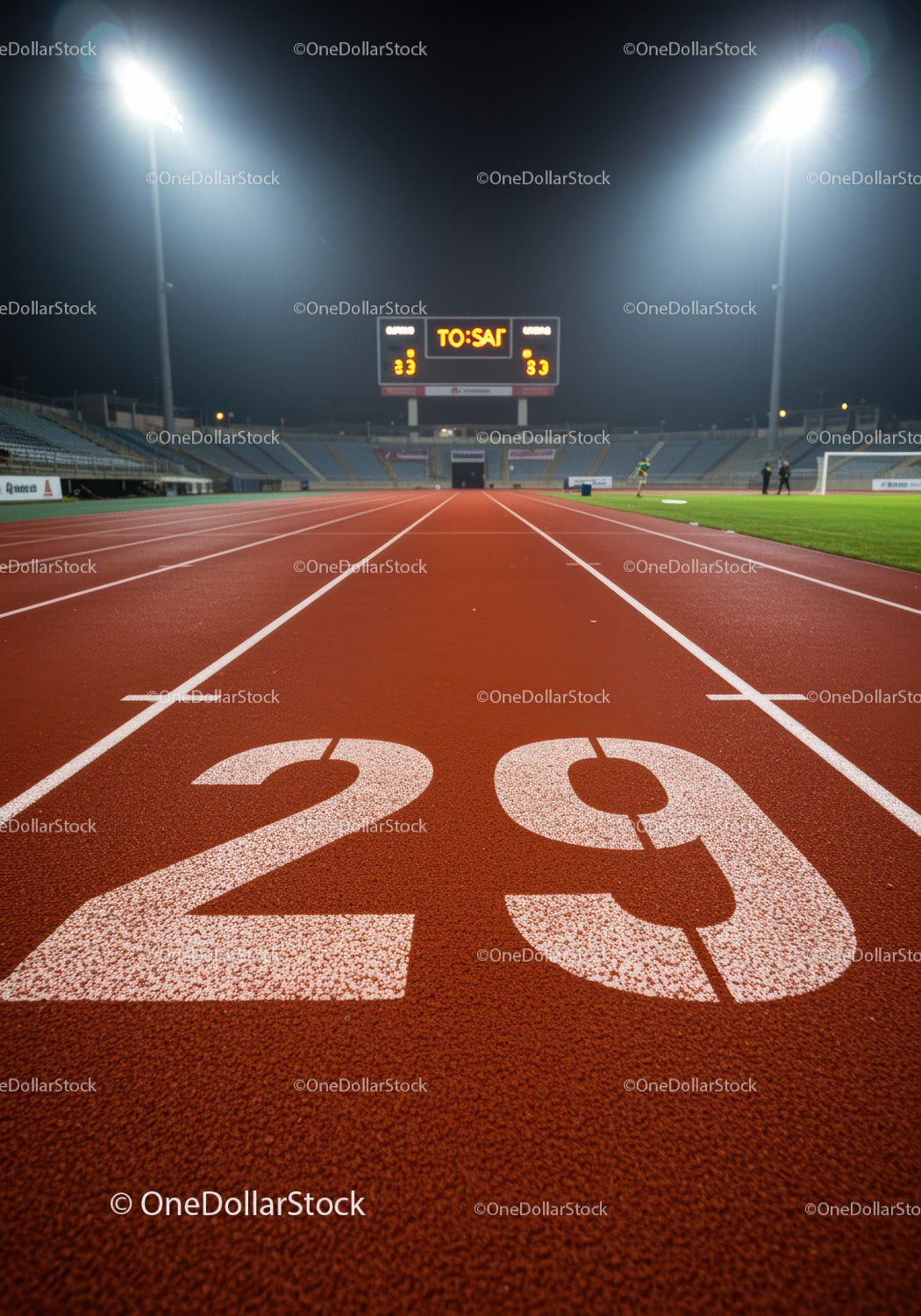 Night view of illuminated running track lane number twenty nine