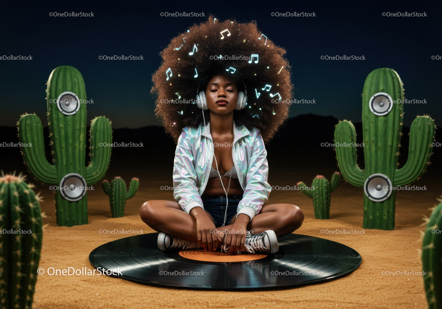 Young woman enjoying music in a surreal desert setting