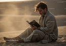 Man in Casual Clothing Reading Book in Desert During Dust Storm