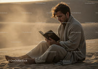 Man in Casual Clothing Reading Book in Desert During Dust Storm