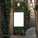 Cozy narrow street with illuminated vintage lamps