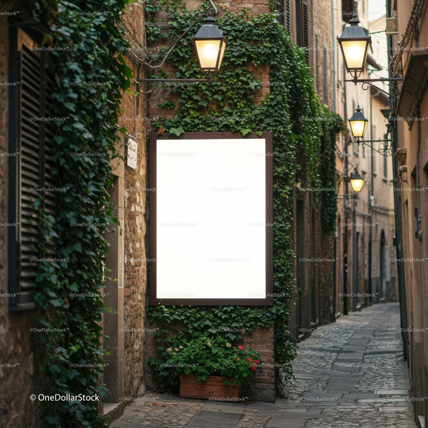 Cozy narrow street with illuminated vintage lamps JPG Mockup Image