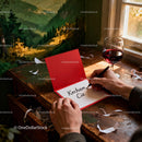 Man writing love message inside a red Valentine's card