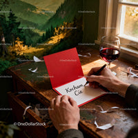 Man writing love message inside a red Valentine's card