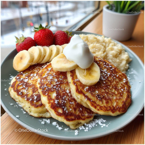 Golden Brown Pancakes with Fresh Fruit Banana Strawberries and Whipped Cream