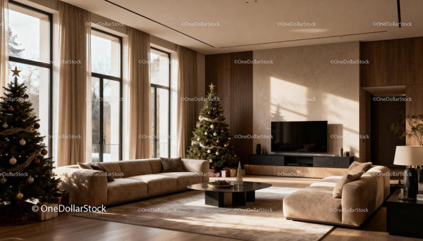 Modern Living Room with Christmas Trees and Soft Natural Light