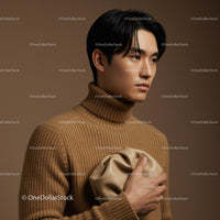 Stylish Young Man in Beige Turtleneck Sweater with Modern Look
