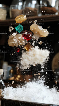 Colorful Gemstones and Sugar Cubes Falling in Kitchen Scene