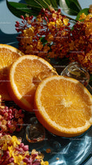 Bright Juicy Orange Slices with Fresh Flowers and Ice