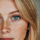 Close-up of blue eye and natural freckles on fair skin