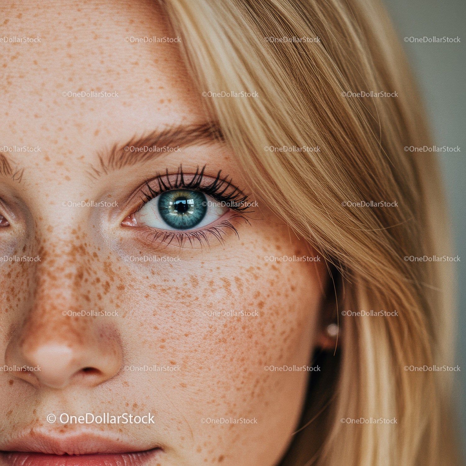 Close-up of blue eye and natural freckles on fair skin