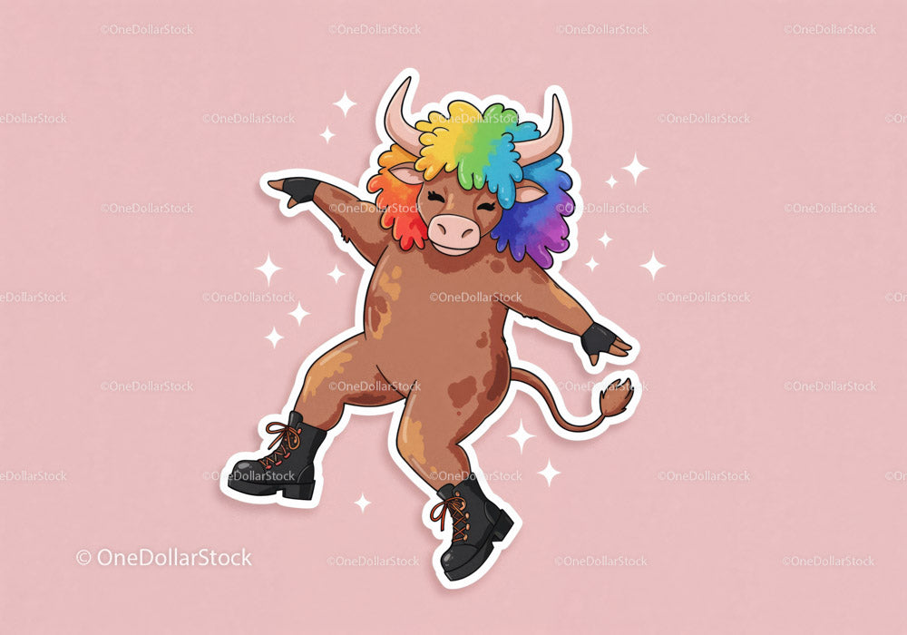 Colorful Rainbow Maned Bull Character Dancer in Modern Digital Art